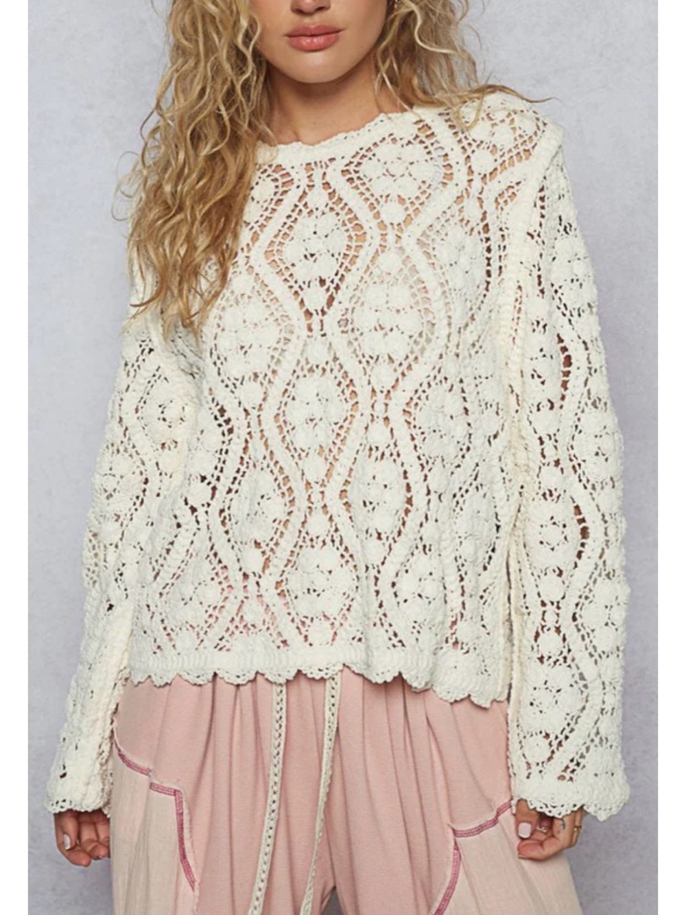 POL Openwork Crochet Long-Sleeve Sweater in Cream